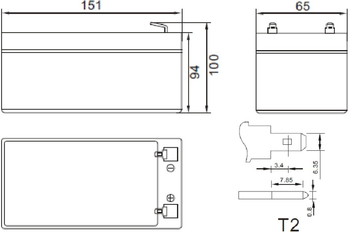 Rysunek techniczny akumulatora 12V AGM 7.2Ah VRLA bezobsługowego